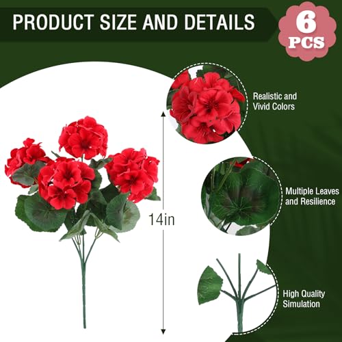 6-Piece Artificial Silk Geranium Flowers - UV Resistant Outdoor Red Faux Plants