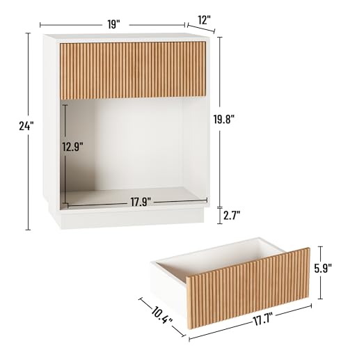 Fluted Nightstands Set of 2, Modern Bedside Table with Drawer and Shelf