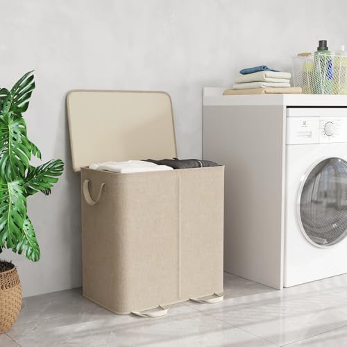 136L Double Laundry Hamper with Lid and Removable Bags - Collapsible Divider
