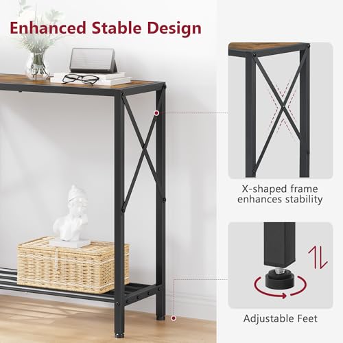 2-Tier Narrow Console Table, Rustic Brown Entryway Sofa Table with X-Frame