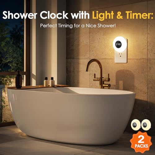 2 Pack Bathroom Clock with Remote, Dimmable LED Night Light & Shower Timer