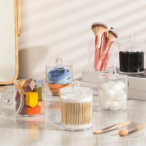 AOZITA 4-Pack Acrylic Q-Tip Holder Dispenser Set with Lids and Labels
