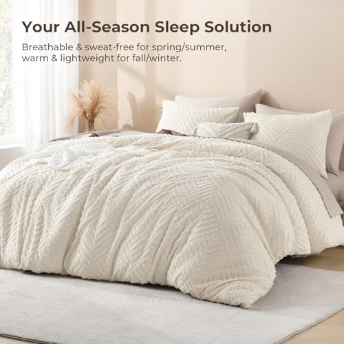 King Size Beige Tufted Boho Comforter Set - 3-Piece Lightweight Bedding Set
