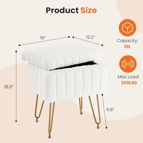 Faux Fur Vanity Stool Chair with Hidden Storage & Gold Metal Legs