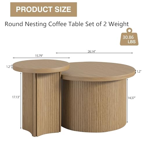 Round Nesting Coffee Table Set of 2, Rustic Wood Finish Stackable Side Tables