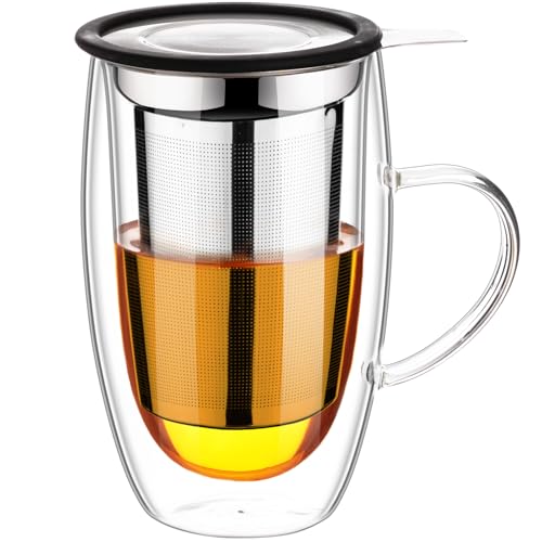 Baalaka 16 fl oz Double-Wall Glass Tea Mug with Infuser & Lid