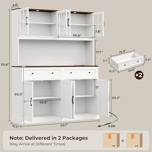 Tall Farmhouse Kitchen Pantry Cabinet with Charging Station and 2 Drawers