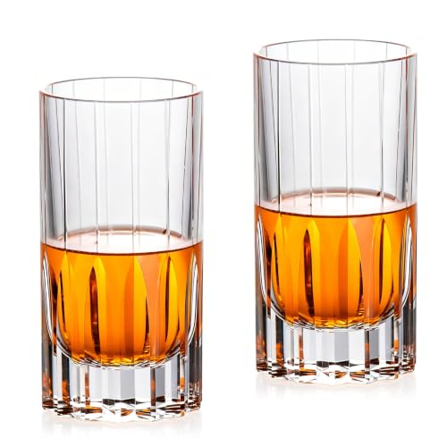 KAMMAK Hand Blown Crystal Collins Glasses Set of 2 - White, 10.8oz Highball Tumblers for Cocktails & Spirits