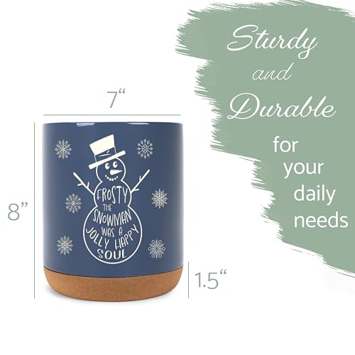Snowman Navy Ceramic Utensil Holder with Cork Bottom - Holiday Kitchen Organizer