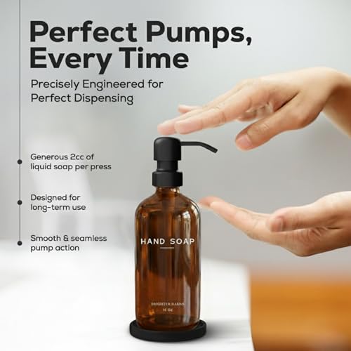 Amber Glass Hand Soap Dispenser Set with Ceramic Tray and Stainless Steel Pump