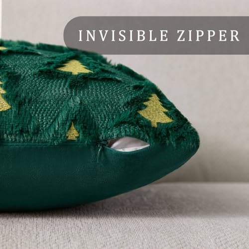 Christmas Pillow Covers 18x18 Set of 2 Green Double Xmas Tree Pillow Covers Soft Plush Faux Fur Christmas Decorations for Xmas Winter Holiday Home Bedroom Sofa Cushion Cases PT-008A18