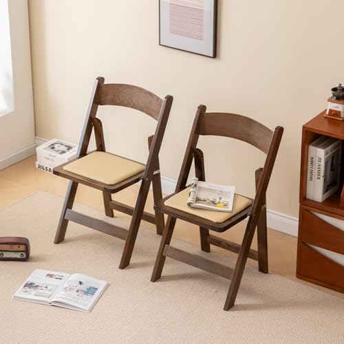 Set of 4 Wooden Folding Chairs with Padded Seats, Fruit Wood Finish