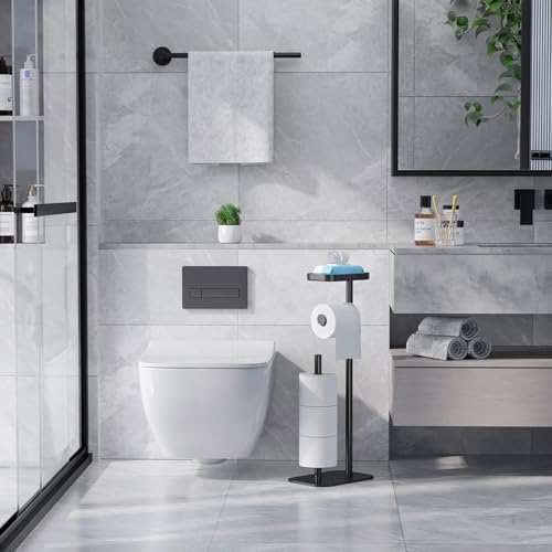 Kitsure Free Standing Metal Toilet Paper Holder with Shelf and 4-Roll Storage