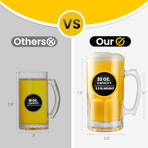 Large 34 oz Heavy Glass Beer Mugs - Set of 2 Traditional Dimpled Steins