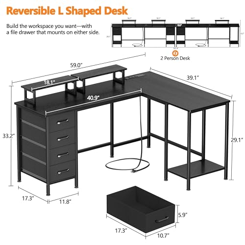59-Inch L-Shaped Computer Desk with Power Outlets, Storage Drawers & Stands