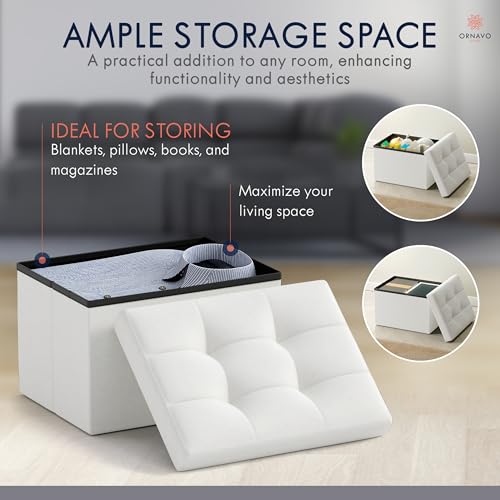 Small Storage Ottoman - Collapsible Linen Footrest Stool, White (12x16x12)