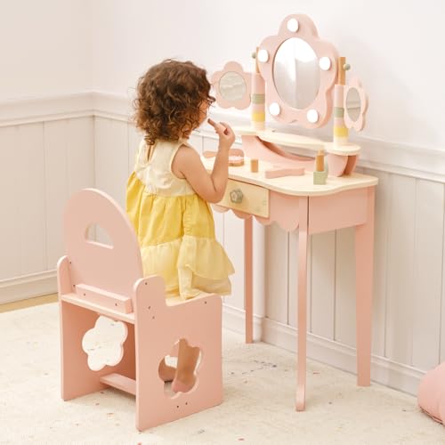 Kids Vanity Table and Chair Set with 3-Color LED Mirror and Accessories