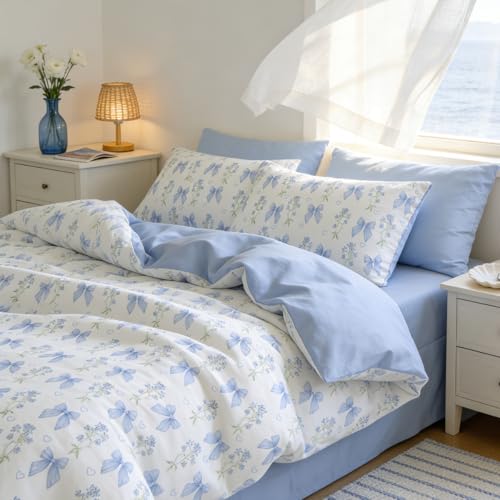 Full Size Cotton Duvet Cover Set - Blue Floral Bowknot Bedding
