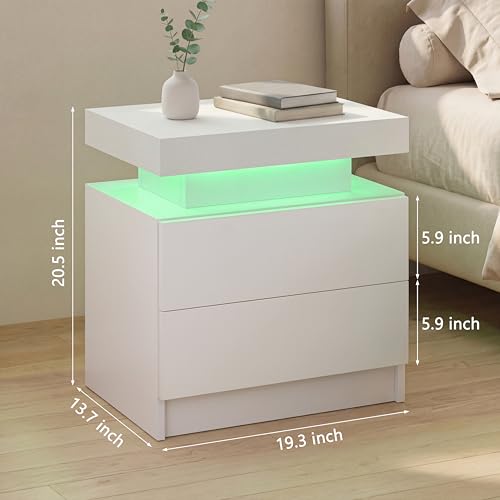 Modern White 2-Drawer Nightstand Set with App-Controlled RGB LED Lights