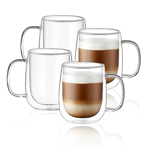 12oz Double Wall Glass Coffee Mugs Set of 4 - Insulated Handled Espresso, Latte & Tea Cups