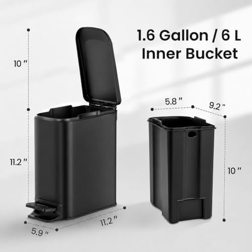 Small Bathroom Trash Can with Lid 1.6 Gal Slim Matte Black Steel