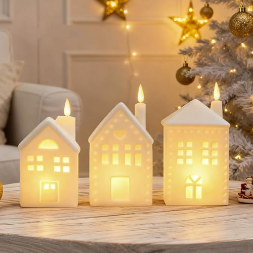 WDS Wondrous White Ceramic Christmas Village Set - 3 LED Houses, Flameless Battery