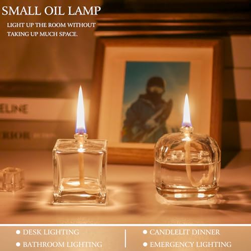 Refillable Clear Glass Oil Lamps (2 Pack) - Small Liquid Candles with Wick