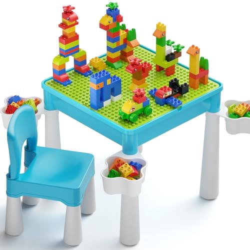 5-in-1 Kids Activity Table and Chair Set with 128 Building Blocks