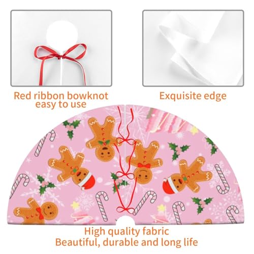 JOOCAR 48 Inch Pink Christmas Tree Skirt with Lace Up Candy Cane Gingerbread Pattern - 122cm