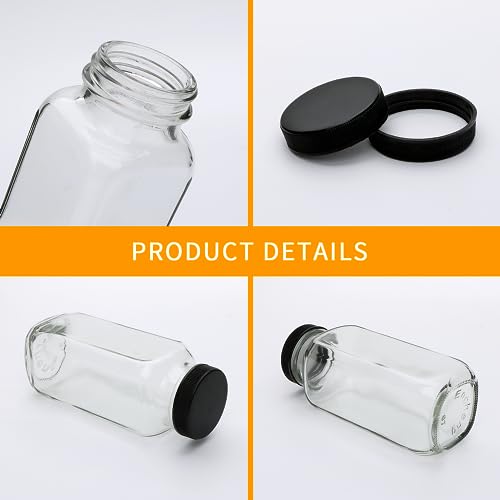 Accguan 12oz Glass Water Bottles Set - Leak-Proof Square Bottles for Juicing, Oils, Kombucha, Travel