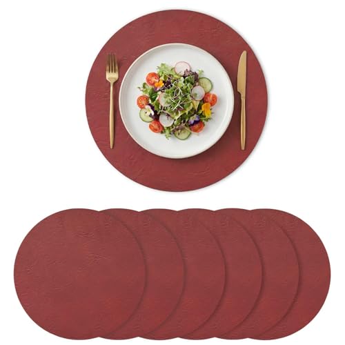 Round Faux Leather Placemat Set of 6 - 15 Inch Waterproof Reversible Table Mats - Red