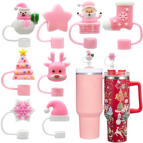 Coio 8Pcs Pink Christmas Straw Toppers for Stanley 30/40 oz Cups - 10mm Silicone Santa 3D Cap Lids (Variation: color 2)
