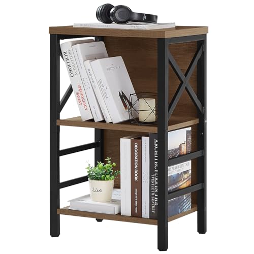 3-Tier Industrial Small Bookshelf, Rustic Brown Wood Storage Shelf