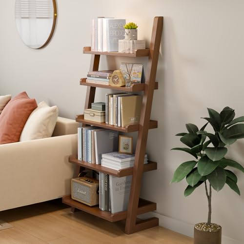 5-Tier Wooden Leaning Ladder Shelf, Modern Rubberwood Bookshelf