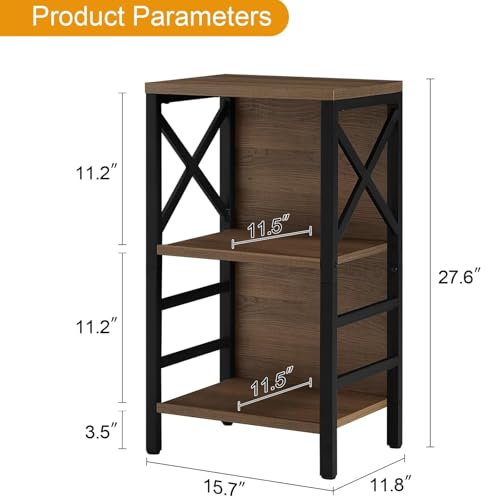 3-Tier Industrial Small Bookshelf, Rustic Brown Wood Storage Shelf