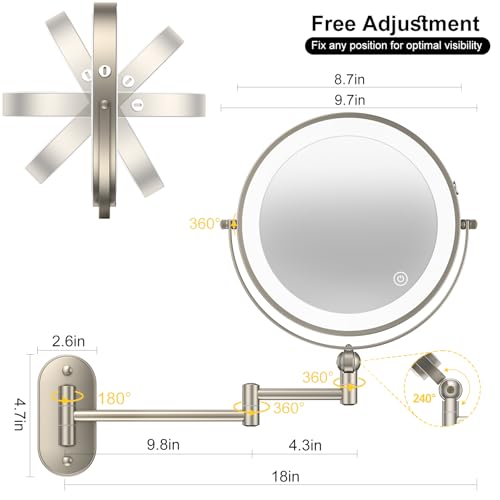 IMIKONA 9" Wall Mounted Lighted Makeup Mirror,4000mAh Rechargeable