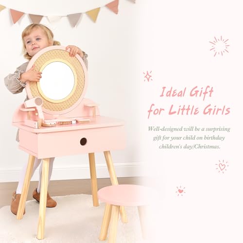 Toddler Vanity Set with Chair and 11-Piece Pretend Makeup Accessories