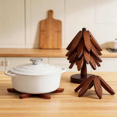 Brown Wooden Tree Trivet Set with Stand - Foldable Hot Dish Protector, Walnut Wood