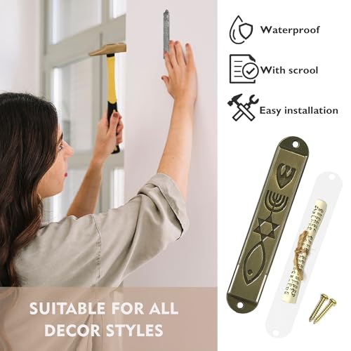 Metal Mezuzah Case Set with Scrolls, 8cm Antique Copper Door Decor