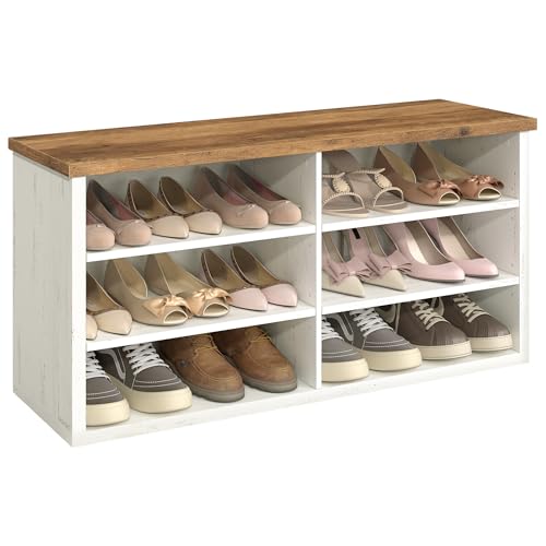 Rustic Shoe Storage Bench with 6 Adjustable Shelves, White and Honey Brown