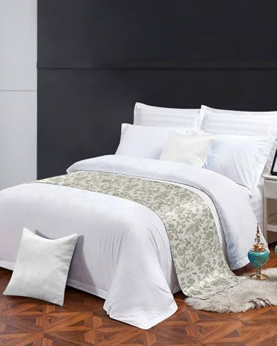 Sage Green Queen Bed Runner - Vintage Botanical Satin Bed Scarf (94"x20")
