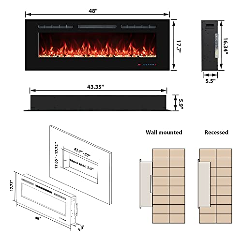 48-Inch Electric Fireplace Insert, Recessed & Wall-Mounted Heater