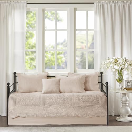 6-Piece Damask Quilted Daybed Cover Set with Scalloped Edges, Blush