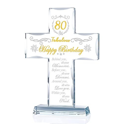 80th Birthday Glass Cross Keepsake, Engraved Religious Gift for Men and Women