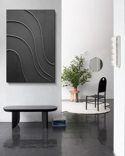 Hand-Painted Abstract Black and White Canvas Wall Art, 24x36 Inch