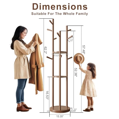Solid Wood Rotating Coat Rack with 3 Shelves and 9 Hooks, Walnut