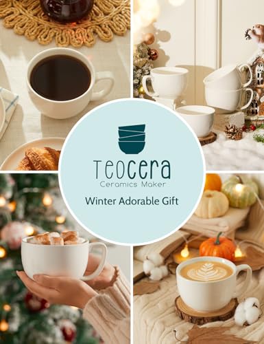 Teocera White 16oz Coffee Mug Set of 4 - Large Porcelain Cups for Latte & Hot Drinks
