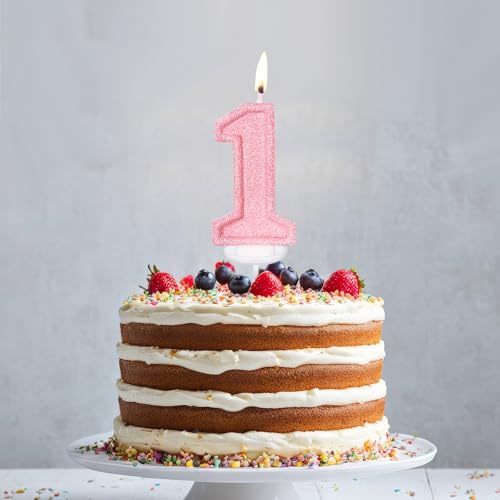 Pink Glitter Number 1 Birthday Candle for First Birthday