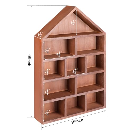 House Shaped Wooden Shadow Box, 11-Compartment Wall Mounted Display Shelf