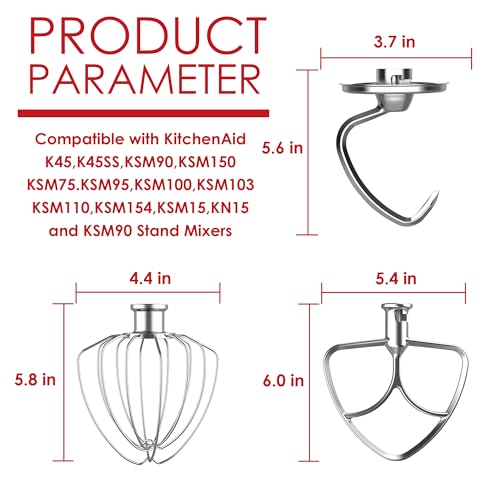 3-Piece Stainless Steel Mixer Attachment Set for 4.5-5QT Tilt-Head Mixers